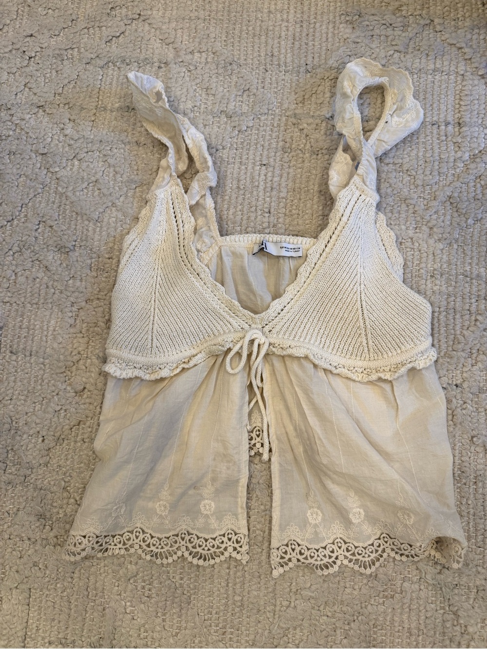 Zara Crochet Tie-Front Crop Top Cream Ivory Size M Boho